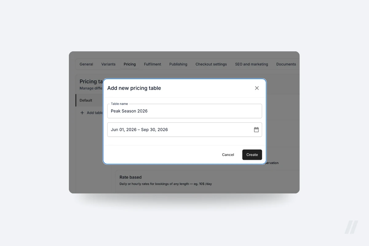 Dialog window for creating a new pricing table in TWICE, labeled “Peak Season 2026,” with active dates set from June 1 to September 30, 2026.