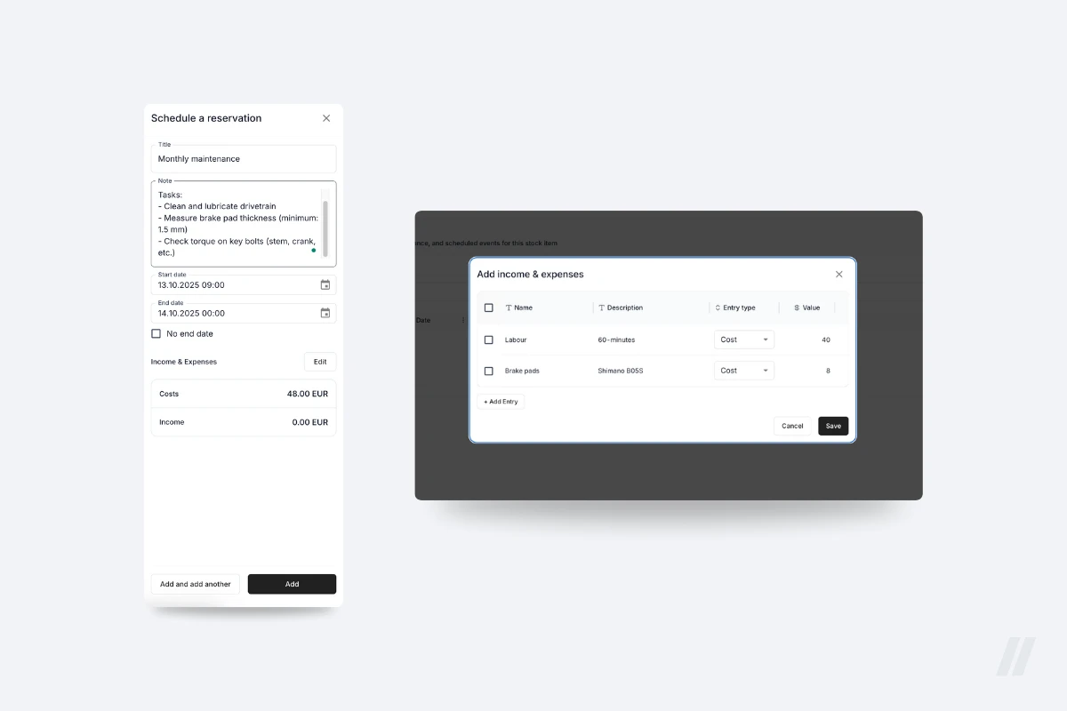TWICE Commerce interface for scheduling maintenance events and logging associated labor, part, and other costs.