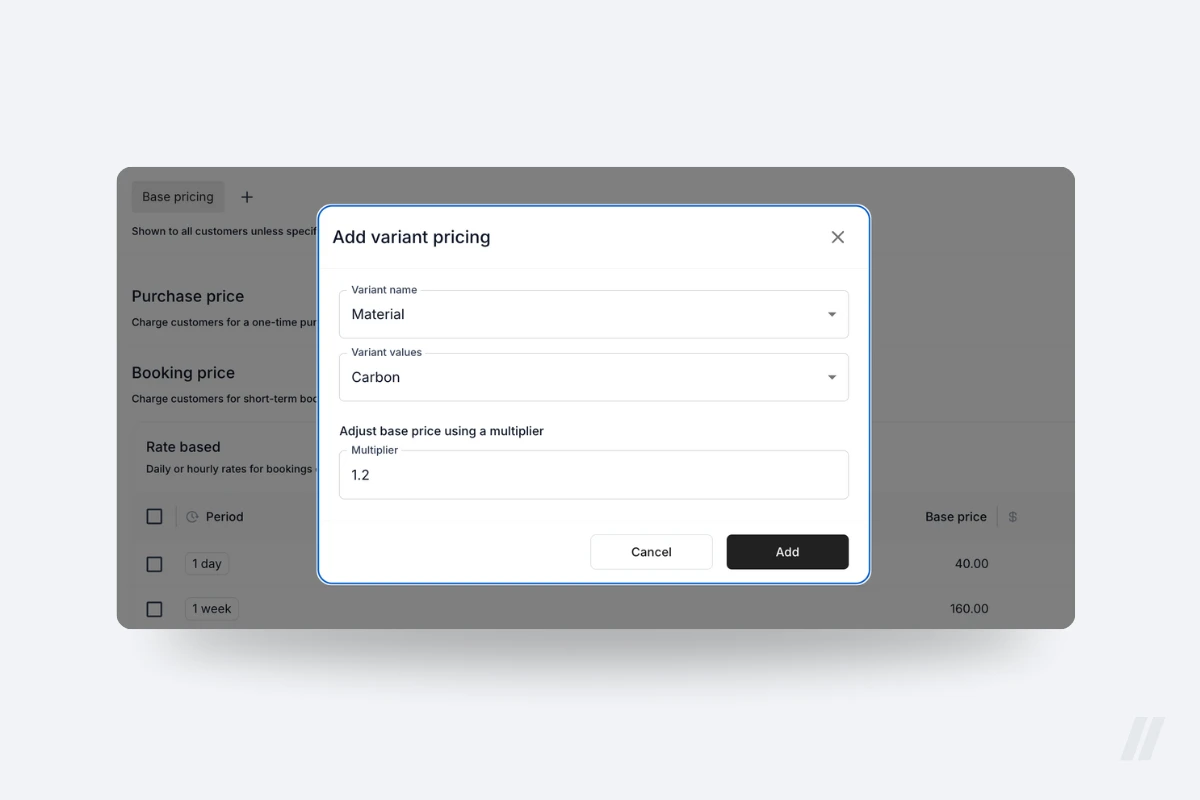 Dialog box in TWICE for setting variant-based pricing with a 1.2× multiplier applied to a carbon-framed bike variant.