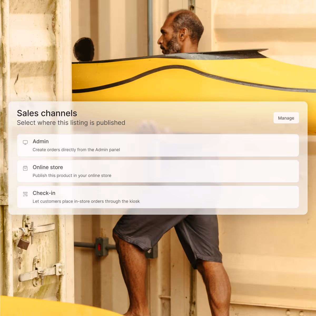 User interface overlay showing TWICE Commerce's sales channels options: Admin, Online store, and Check-in, over an image of a man in shorts carrying a yellow kayak.