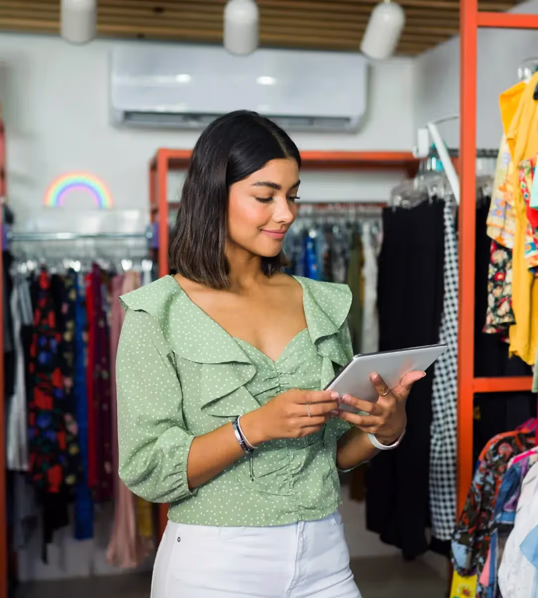A woman in a clothing store smiling and looking at her tablet