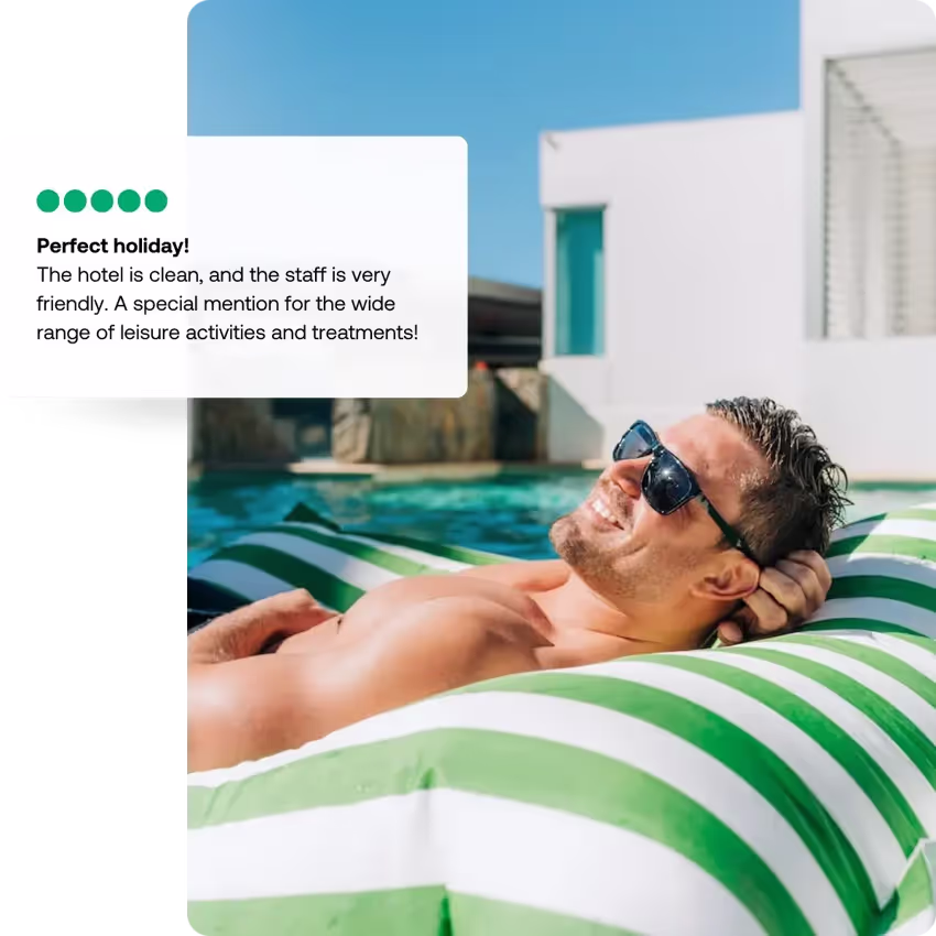 Man smiling and tanning next to pool with a review for "perfect holiday!" with 5 stars