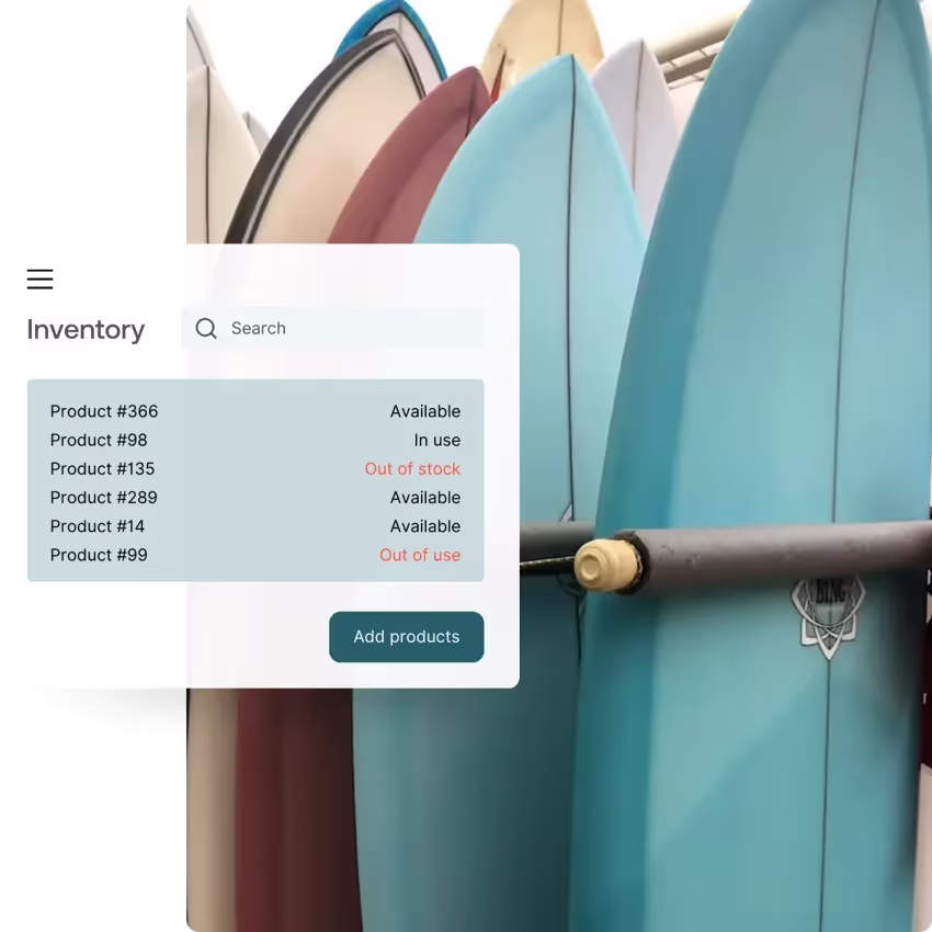 Surfboards behind a mockup of an inventory featuring multiple products with different availabilities