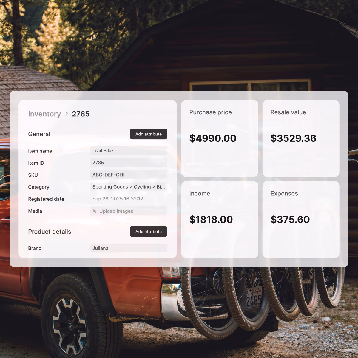 Inventory management software interface displaying details for a rental item. The interface includes basic details of the items and some key performance statistics, such as purchase price $4990, resale value $3529, generated income $1818, and lifetime expenses $375.