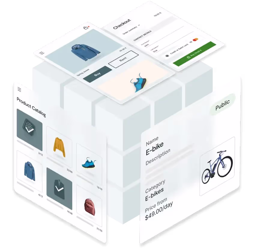 Rubik's cube type of mockup showcasing checkout, product card and product catalog