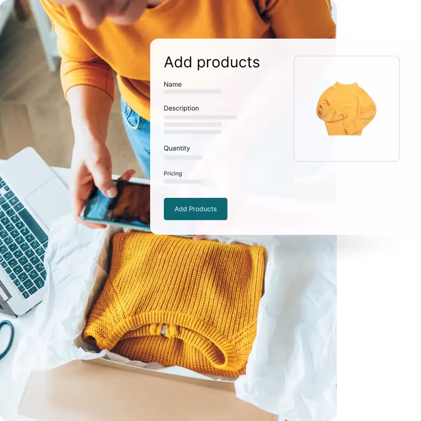 A person taking a photo on a mobile phone of a sweater with an overlay of a product card on online store for the same sweater