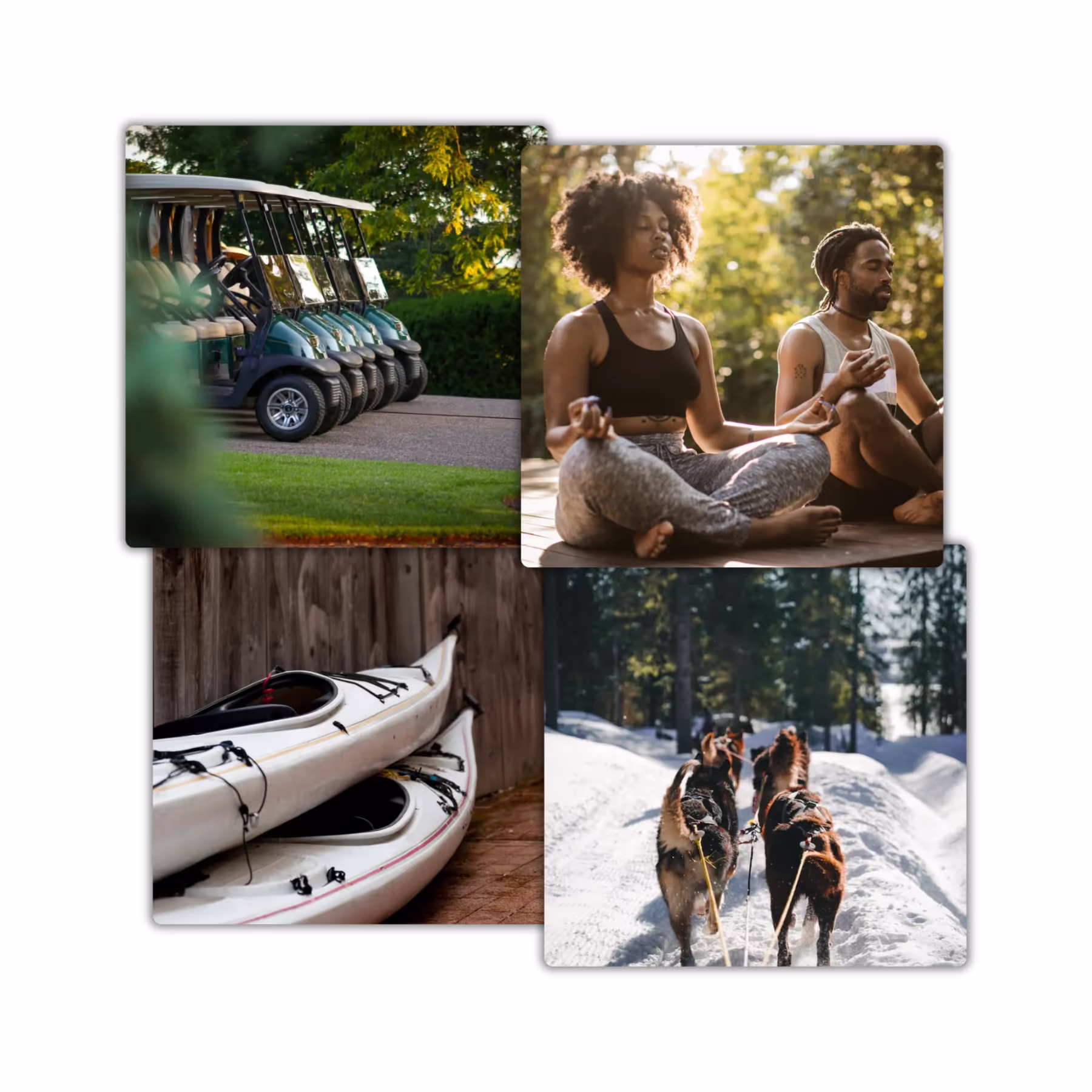 A collage of four photos, one featuring golf cards, one two people doing yoga outdoors, one with two kayaks and one where dogs are pulling a sledge