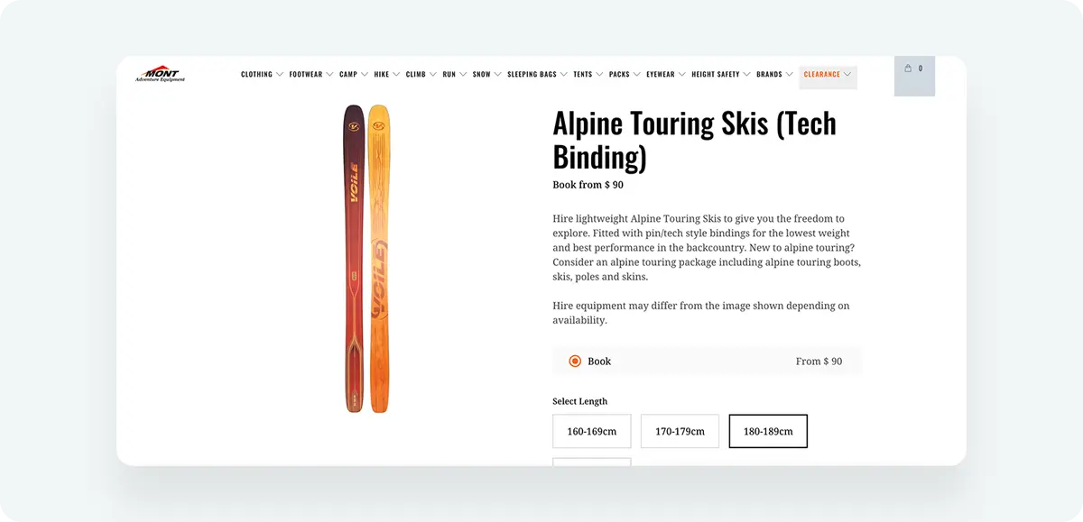Mont's rental website showing a pair of touring skis.