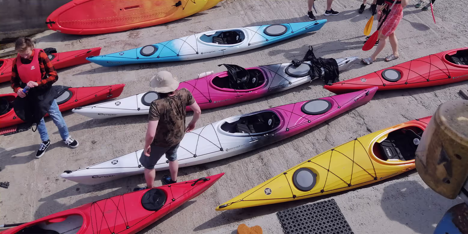 Kayaks at Marine Outdoors' rental shop in Helsinki.