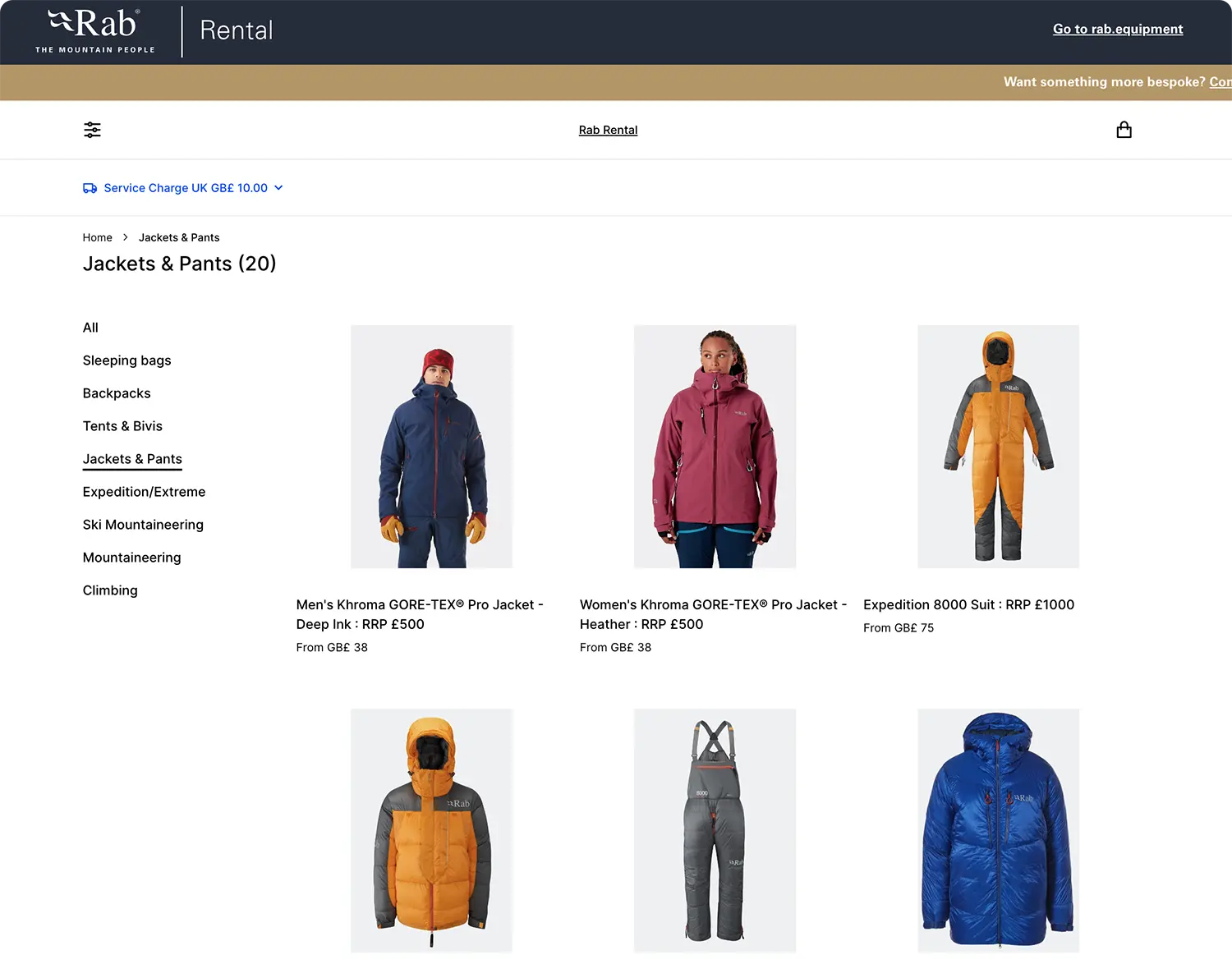 A screenshot from the rental section of Rab's online store showing different kinds of jackets and pants available for rent.