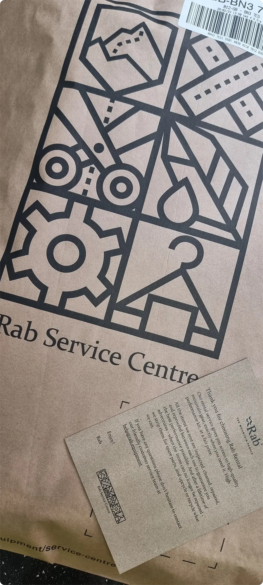 Rab ships rental equipment in reusable packages shown in the picture.